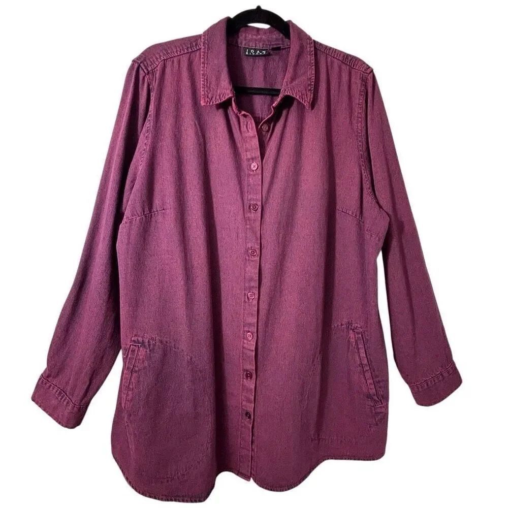 Joan Rivers XL shacket purple over-dyed denim two pocket tunic shirt w buttons
